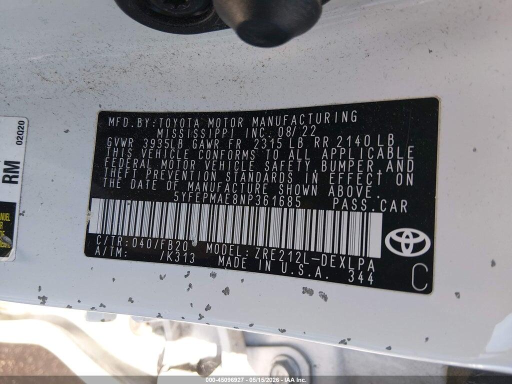 5YFEPMAE8NP361685 2022 TOYOTA COROLLA photo no. 9