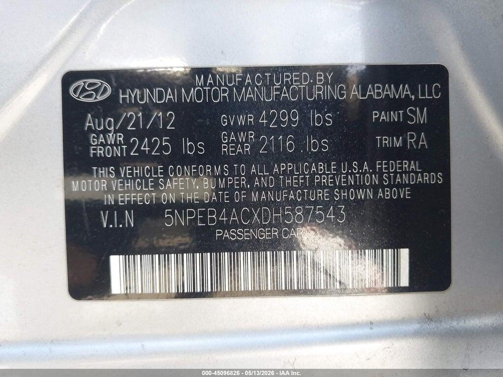 5NPEB4ACXDH587543 2013 HYUNDAI SONATA photo no. 9