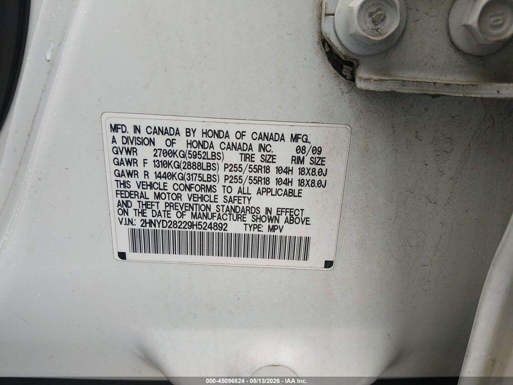 2HNYD28229H524892 2009 ACURA MDX photo no. 9