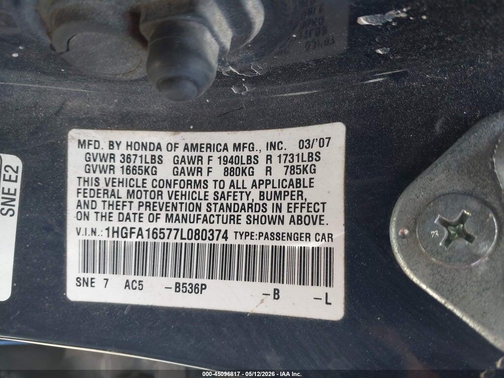 1HGFA16577L080374 2007 HONDA CIVIC photo no. 9