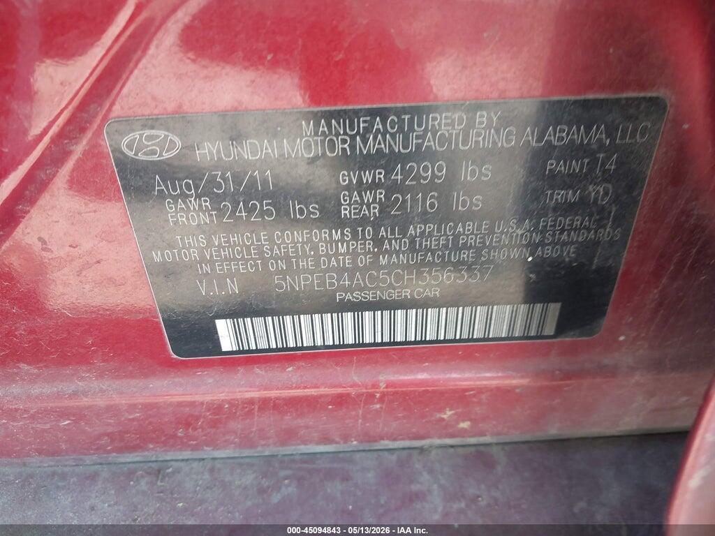 5NPEB4AC5CH356337 2012 HYUNDAI SONATA photo no. 9