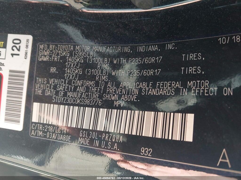 5TDYZ3DC0KS983776 2019 TOYOTA SIENNA photo no. 9