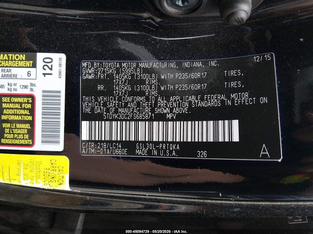 5TDYK3DC2FS685871 2015 TOYOTA SIENNA photo no. 9