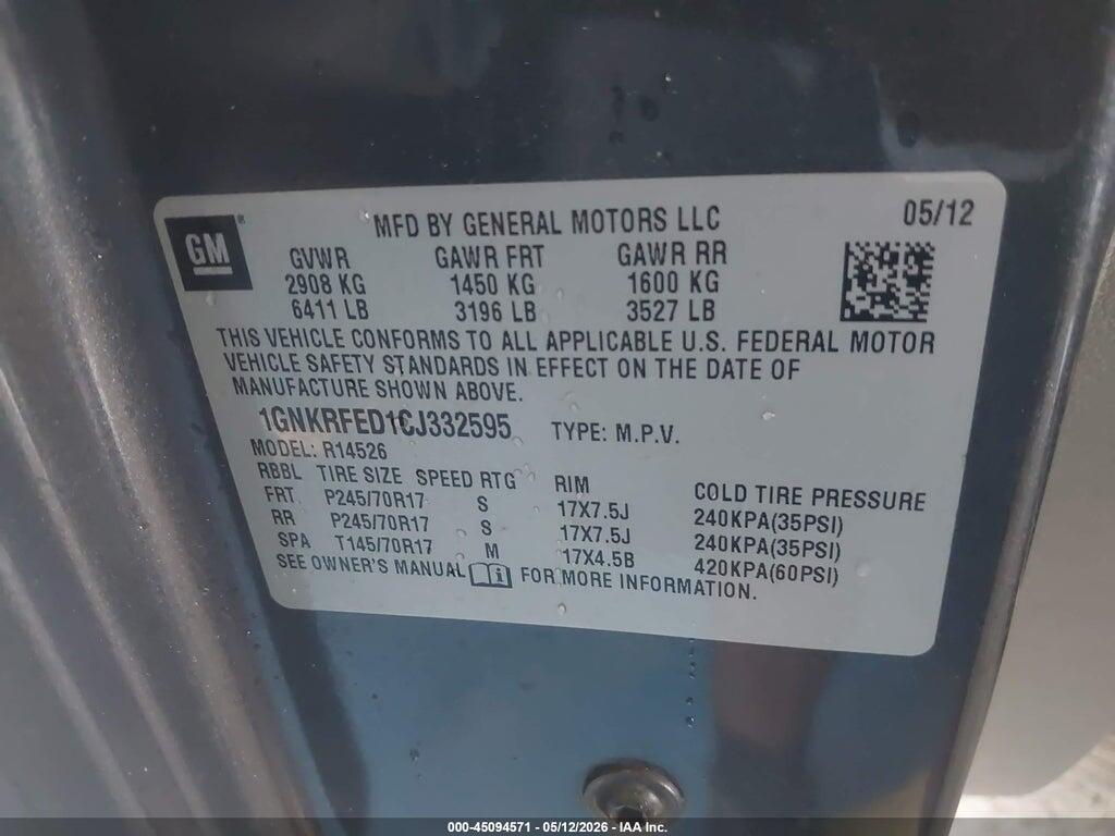 1GNKRFED1CJ332595 2012 CHEVROLET TRAVERSE photo no. 9
