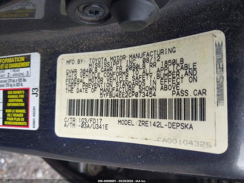 5YFBU4EE2CP073454 2012 TOYOTA COROLLA photo no. 9