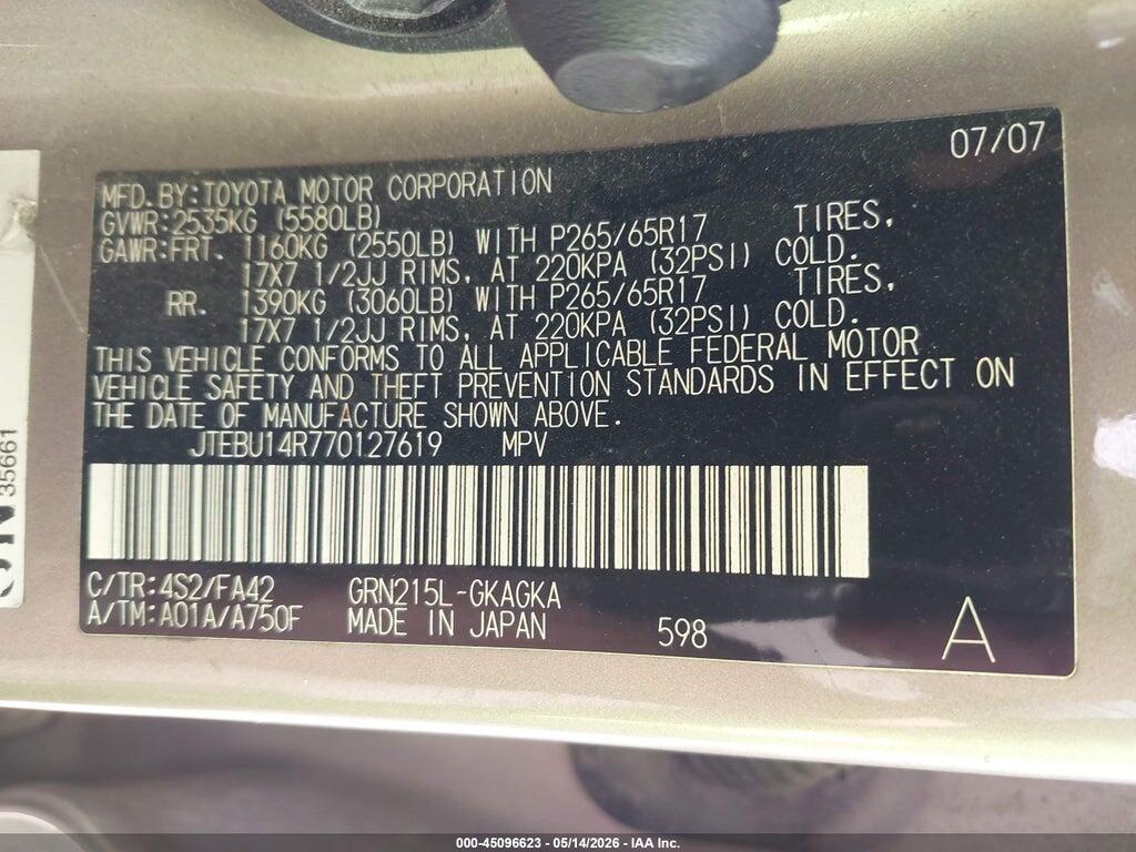 JTEBU14R770127619 2007 TOYOTA 4RUNNER photo no. 9