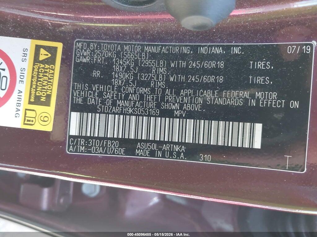 5TDZARFH9KS053169 2019 TOYOTA HIGHLANDER photo no. 9