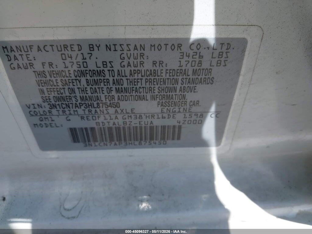 3N1CN7AP3HL875450 2017 NISSAN VERSA photo no. 9