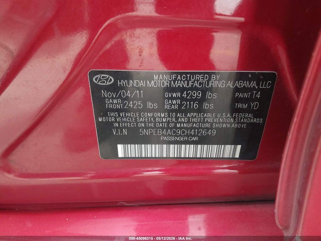 5NPEB4AC9CH412649 2012 HYUNDAI SONATA photo no. 9