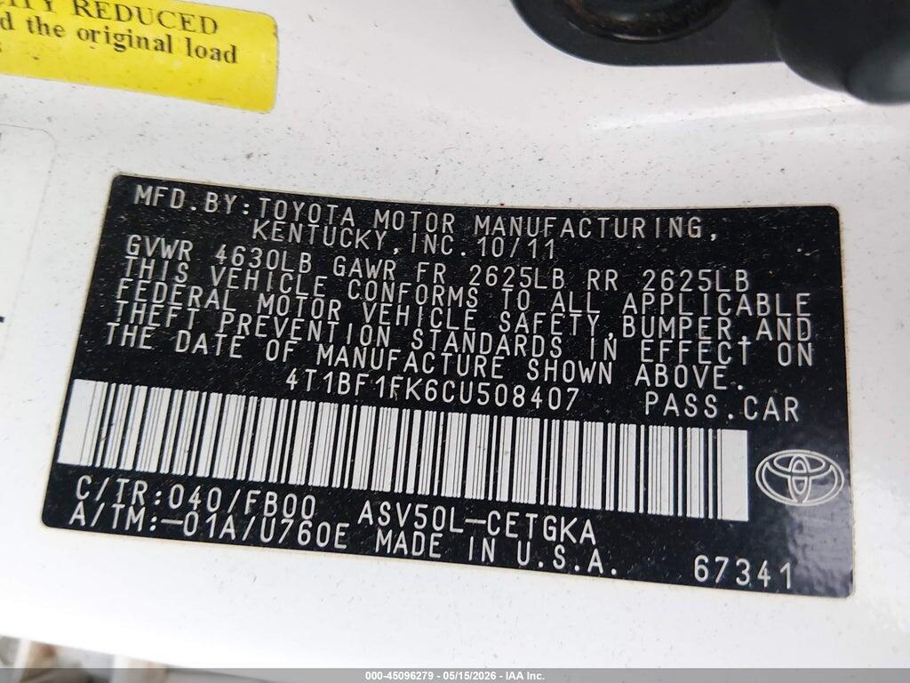 4T1BF1FK6CU508407 2012 TOYOTA CAMRY photo no. 9