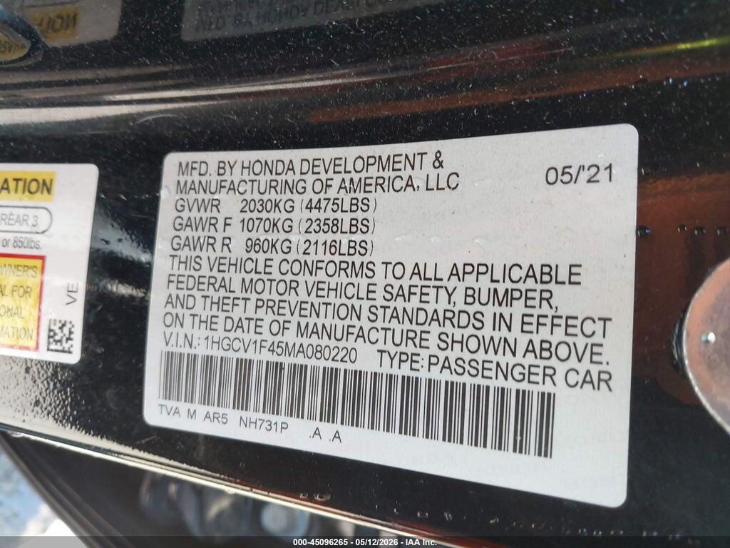 1HGCV1F45MA080220 2021 HONDA ACCORD photo no. 9