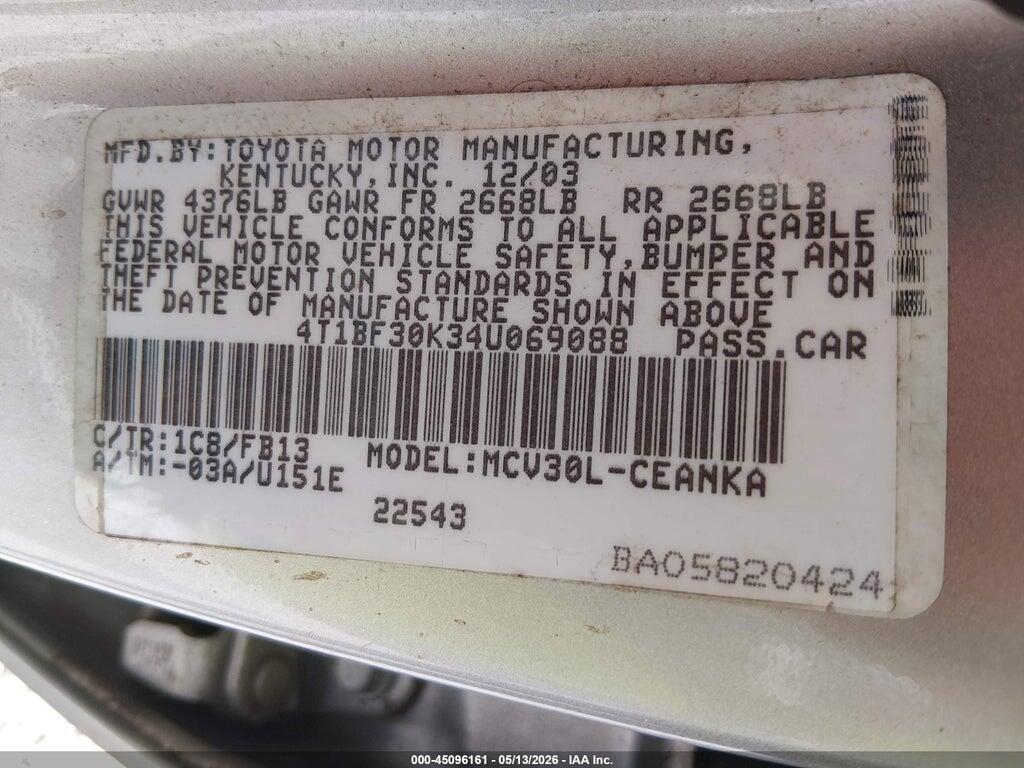 4T1BF30K34U069088 2004 TOYOTA CAMRY photo no. 9