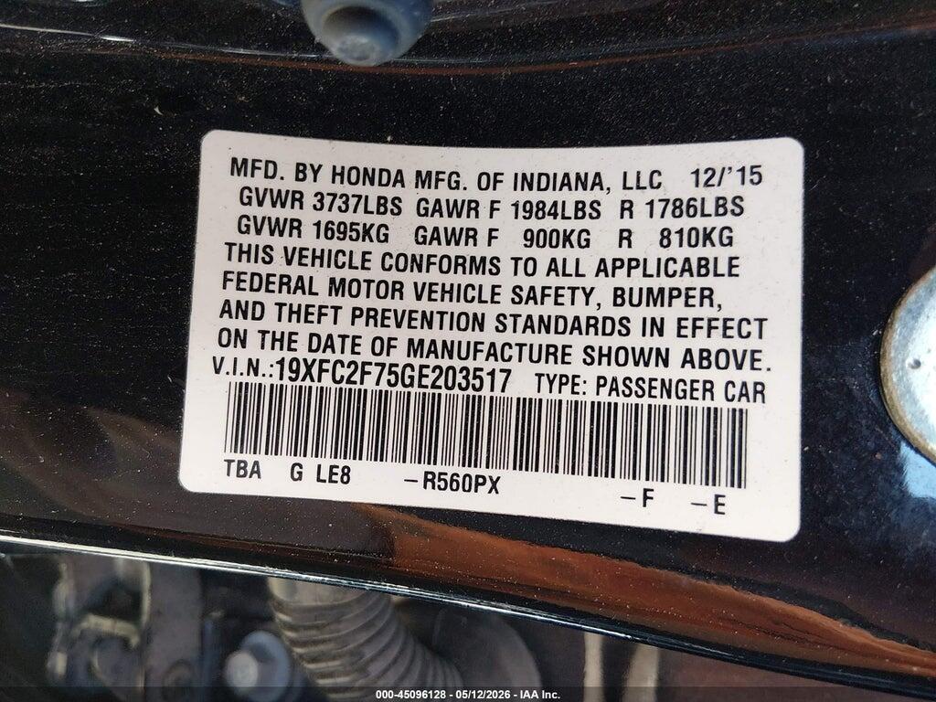 19XFC2F75GE203517 2016 HONDA CIVIC photo no. 9