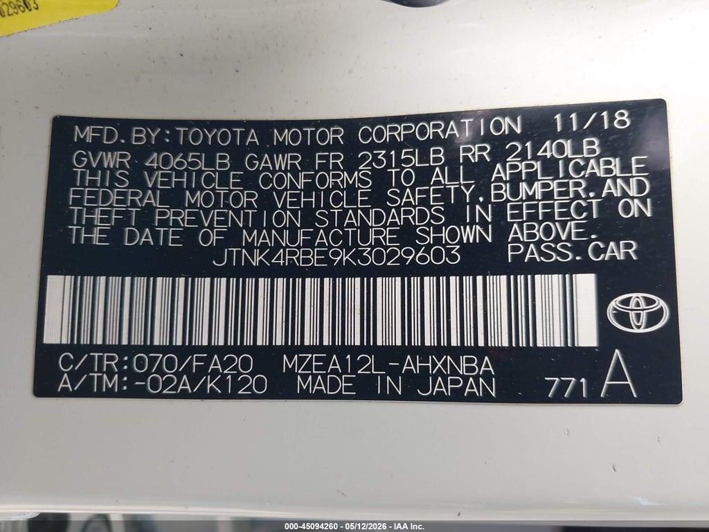 JTNK4RBE9K3029603 2019 TOYOTA COROLLA photo no. 9
