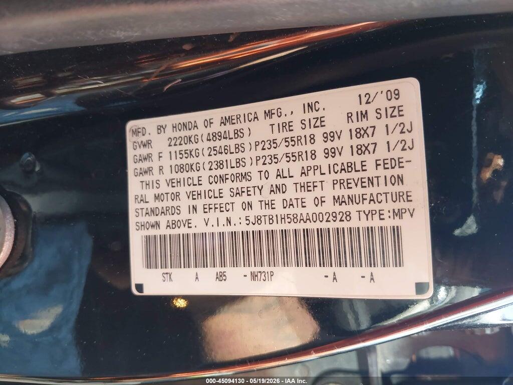 5J8TB1H58AA002928 2010 ACURA RDX photo no. 9