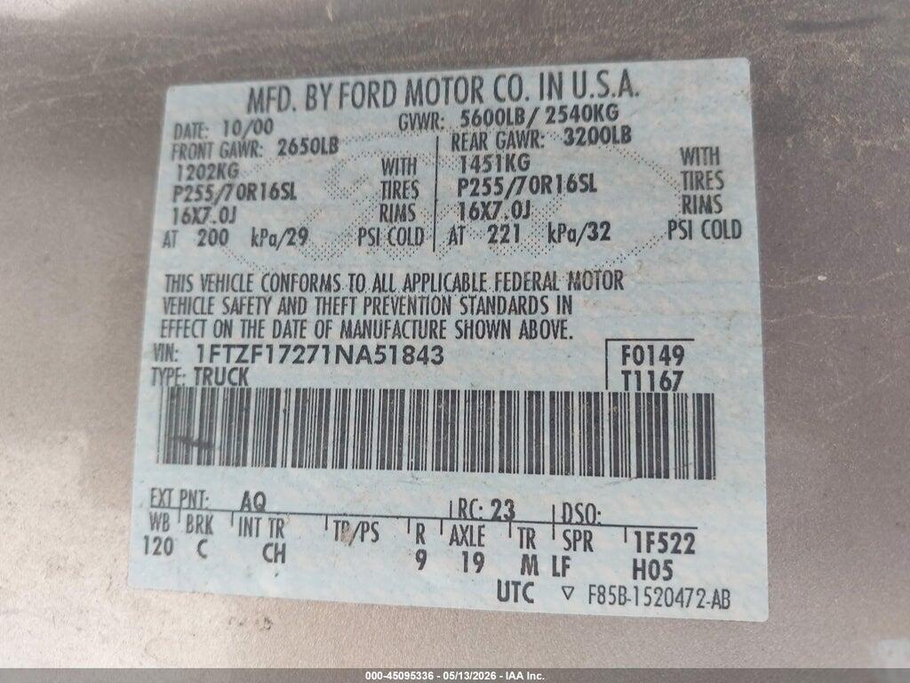 1FTZF17271NA51843 2001 FORD F-150 photo no. 9