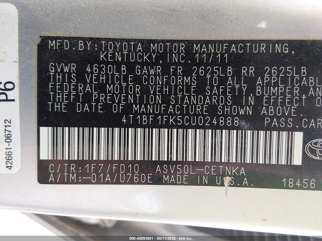 4T1BF1FK5CU024888 2012 TOYOTA CAMRY photo no. 9