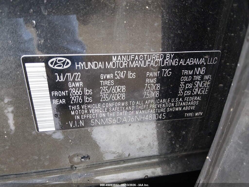 5NMS6DAJ6NH481045 2022 HYUNDAI SANTA FE photo no. 9