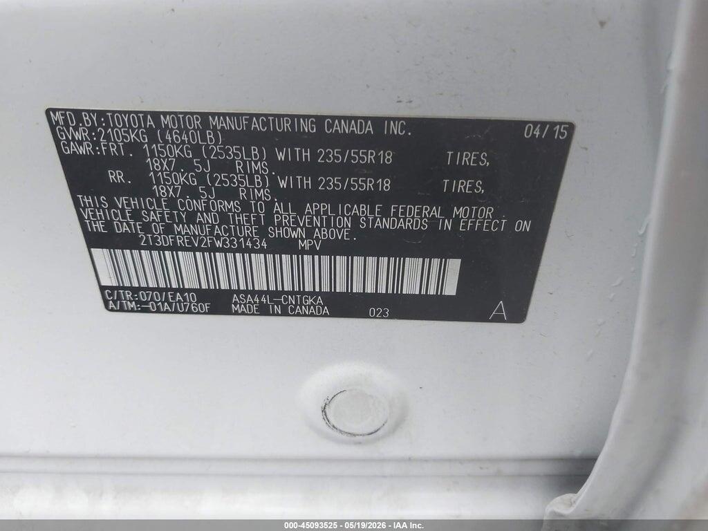 2T3DFREV2FW331434 2015 TOYOTA RAV4 photo no. 9