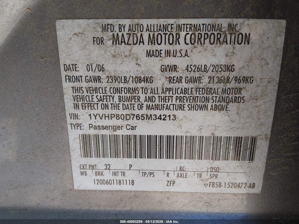 1YVHP80D765M34213 2006 MAZDA MAZDA6 photo no. 9