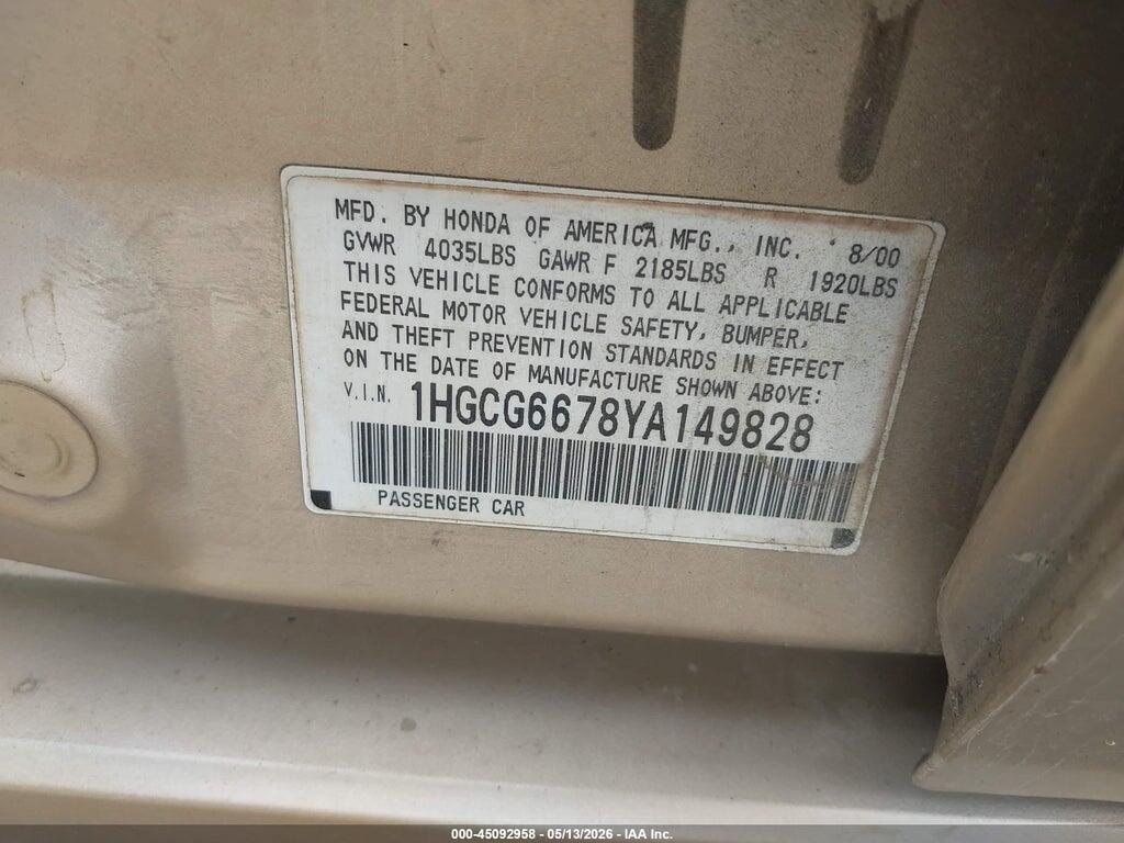 1HGCG6678YA149828 2000 HONDA ACCORD photo no. 9