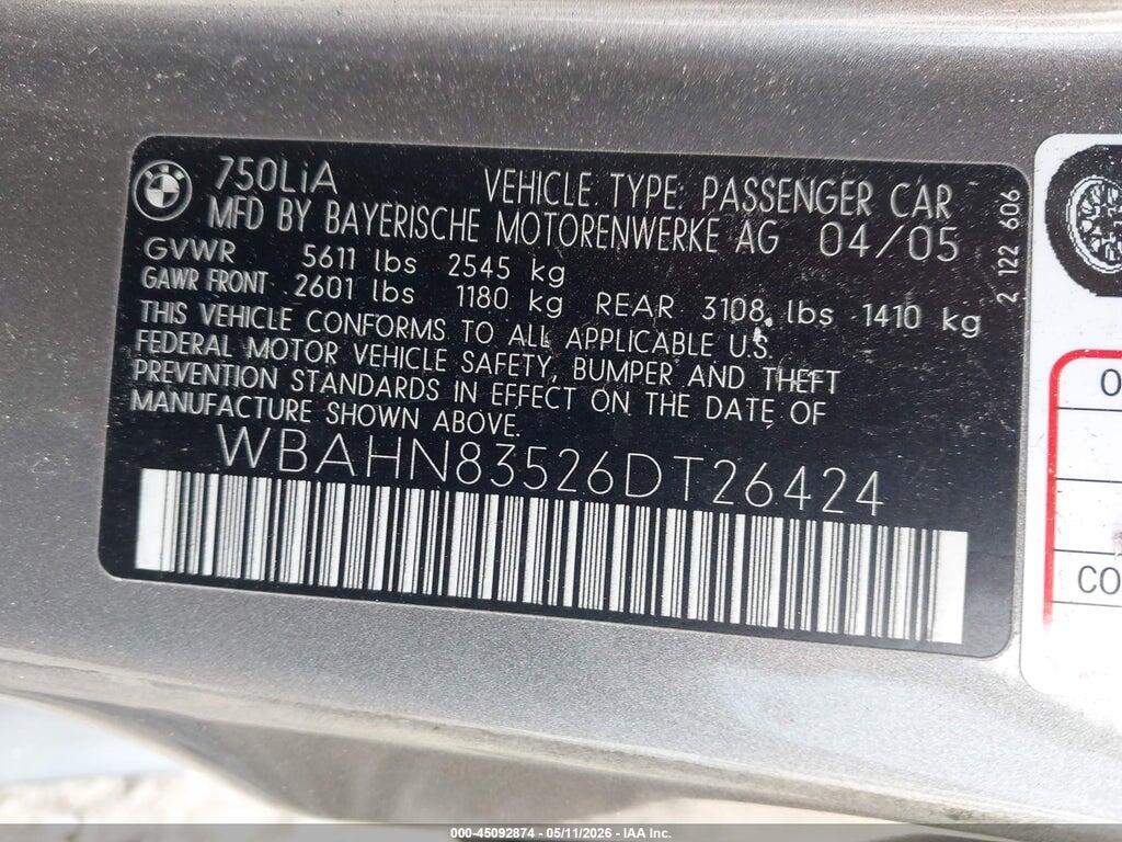 WBAHN83526DT26424 2006 BMW 750LI photo no. 9