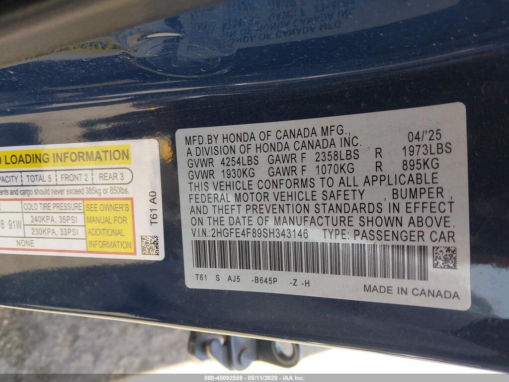 2HGFE4F89SH343146 2025 HONDA CIVIC HYBRID photo no. 9