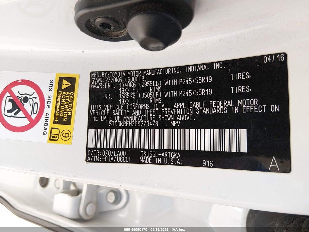 5TDDKRFH3GS279478 2016 TOYOTA HIGHLANDER photo no. 9
