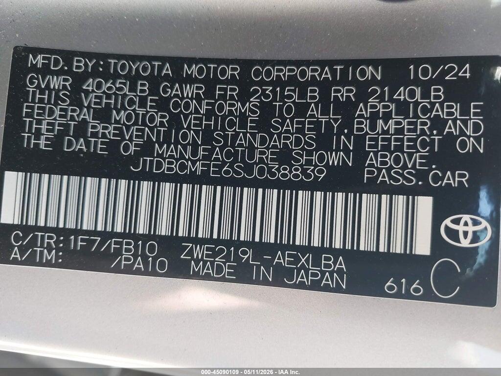 JTDBCMFE6SJ038839 2025 TOYOTA COROLLA photo no. 9