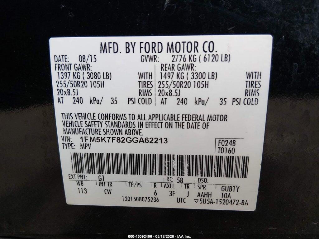 1FM5K7F82GGA62213 2016 FORD EXPLORER photo no. 9