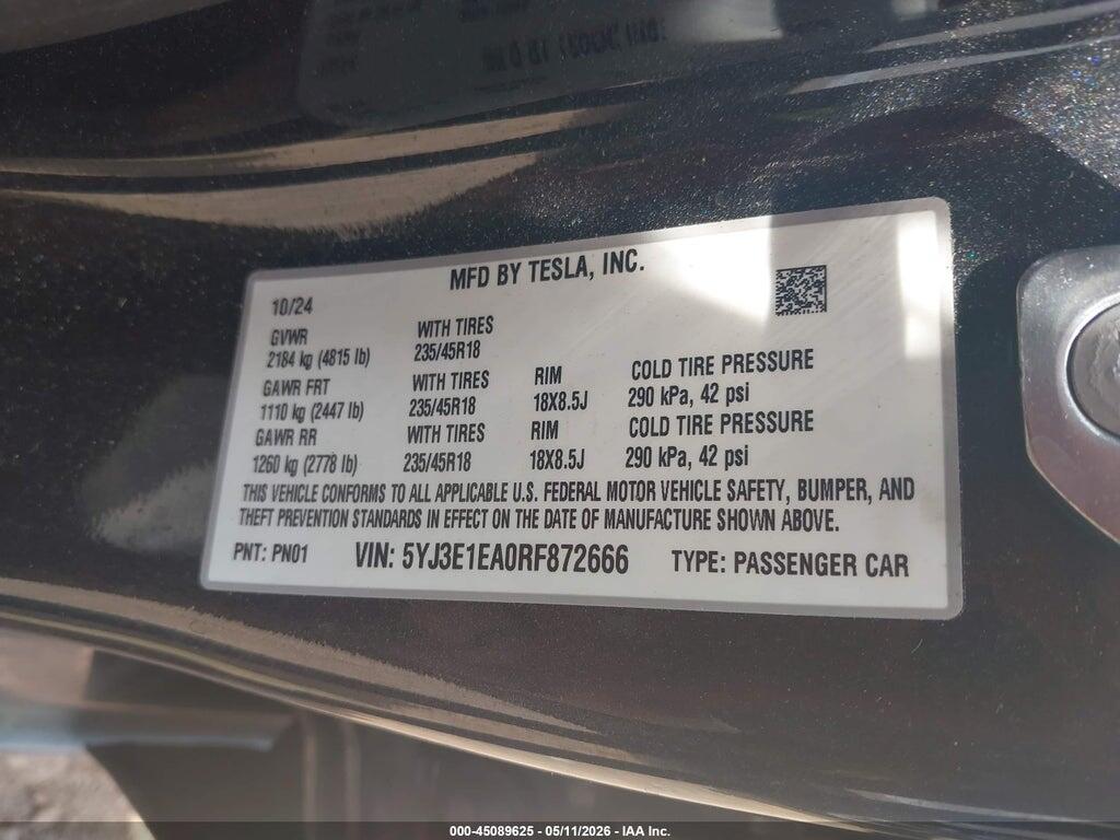5YJ3E1EA0RF872666 2024 TESLA MODEL 3 photo no. 9