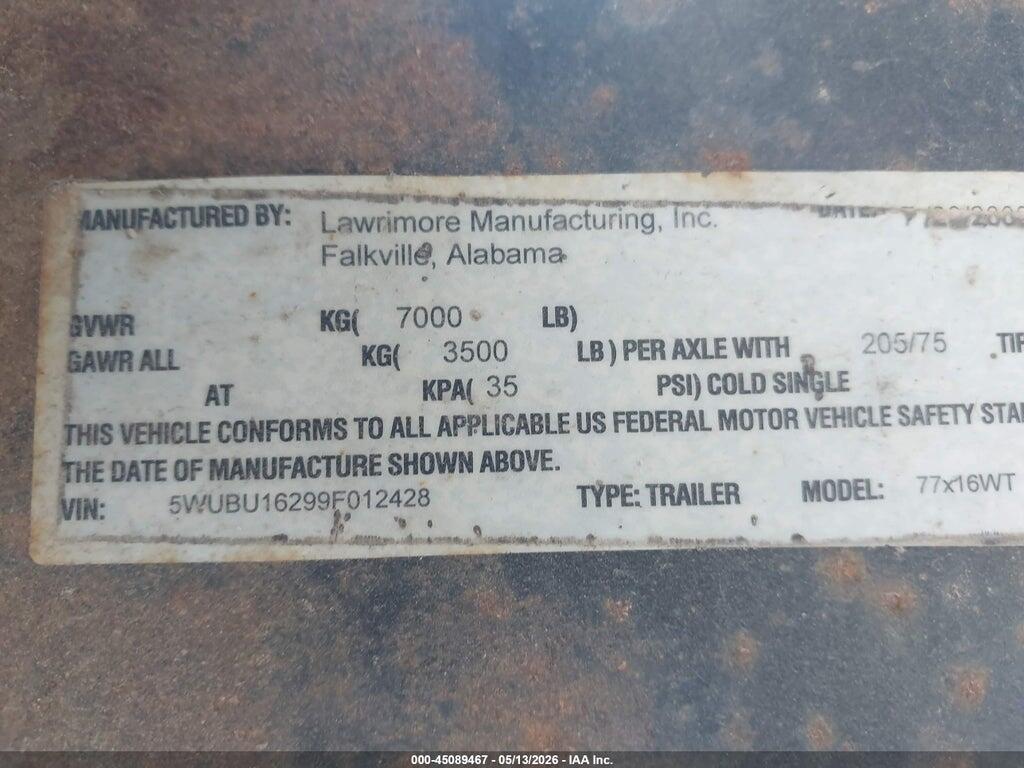 5WUBU16299F012428 2009 LAWRIMORE 16' UTILITY TRAILER photo no. 9