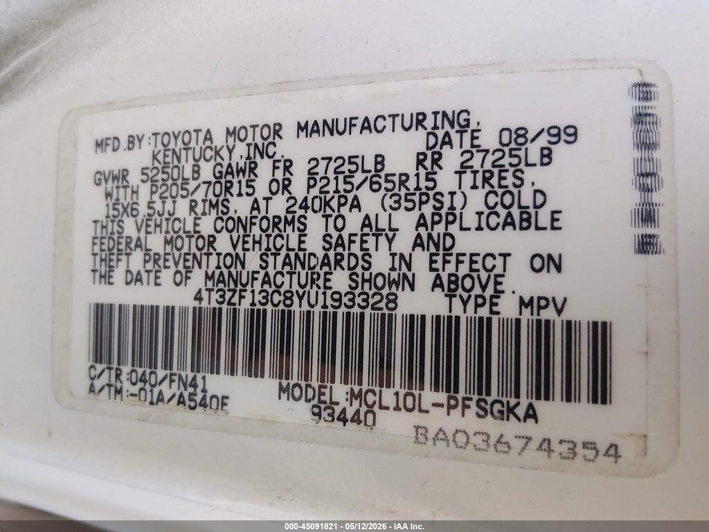 4T3ZF13C8YU193328 2000 TOYOTA SIENNA photo no. 9