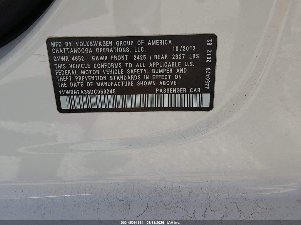 1VWBN7A38DC059245 2013 VOLKSWAGEN PASSAT photo no. 9