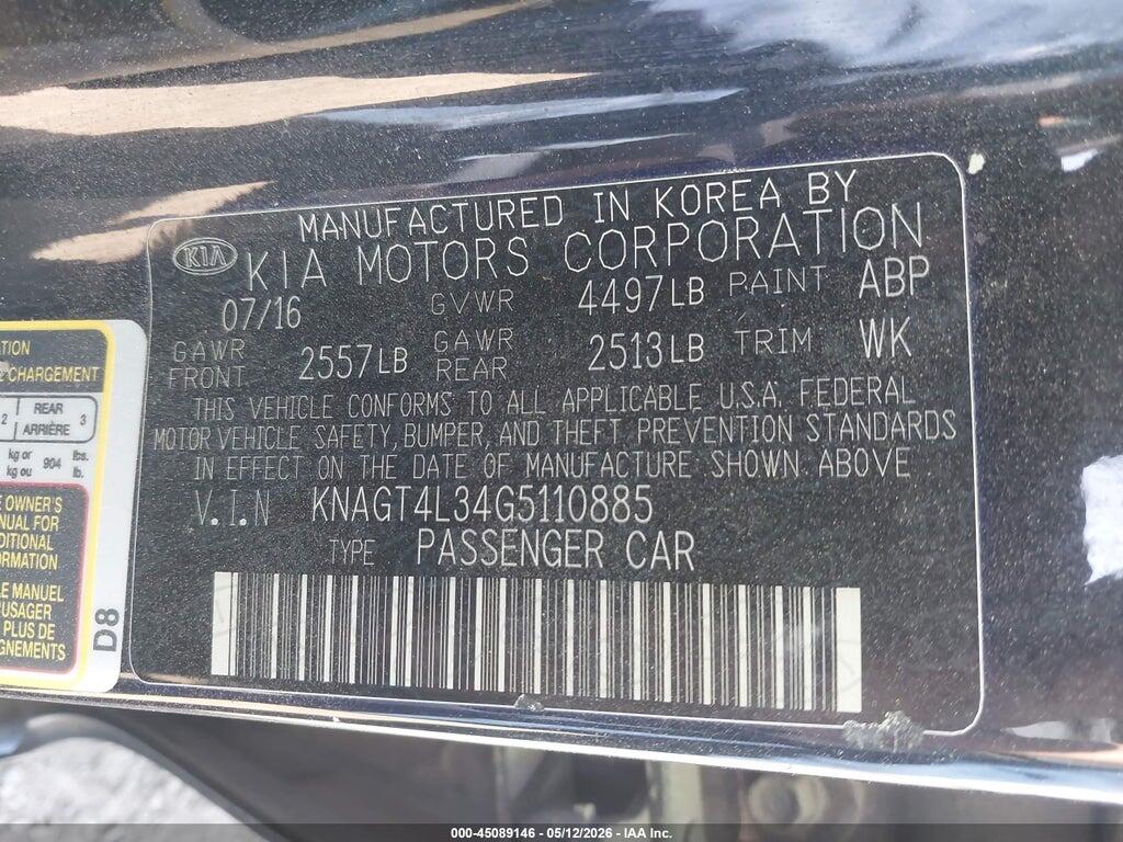 KNAGT4L34G5110885 2016 KIA OPTIMA photo no. 9