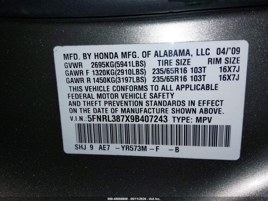 5FNRL387X9B407243 2009 HONDA ODYSSEY photo no. 9