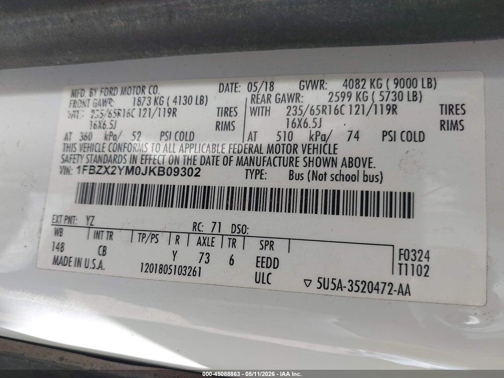 1FBZX2YM0JKB09302 2018 FORD TRANSIT-350 photo no. 9