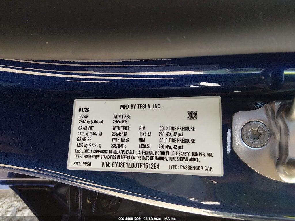 5YJ3E1EB0TF151294 2026 TESLA MODEL 3 photo no. 9