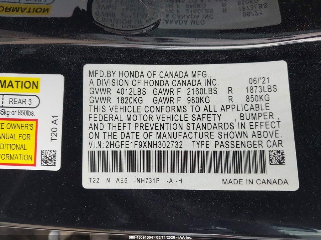 2HGFE1F9XNH302732 2022 HONDA CIVIC photo no. 9