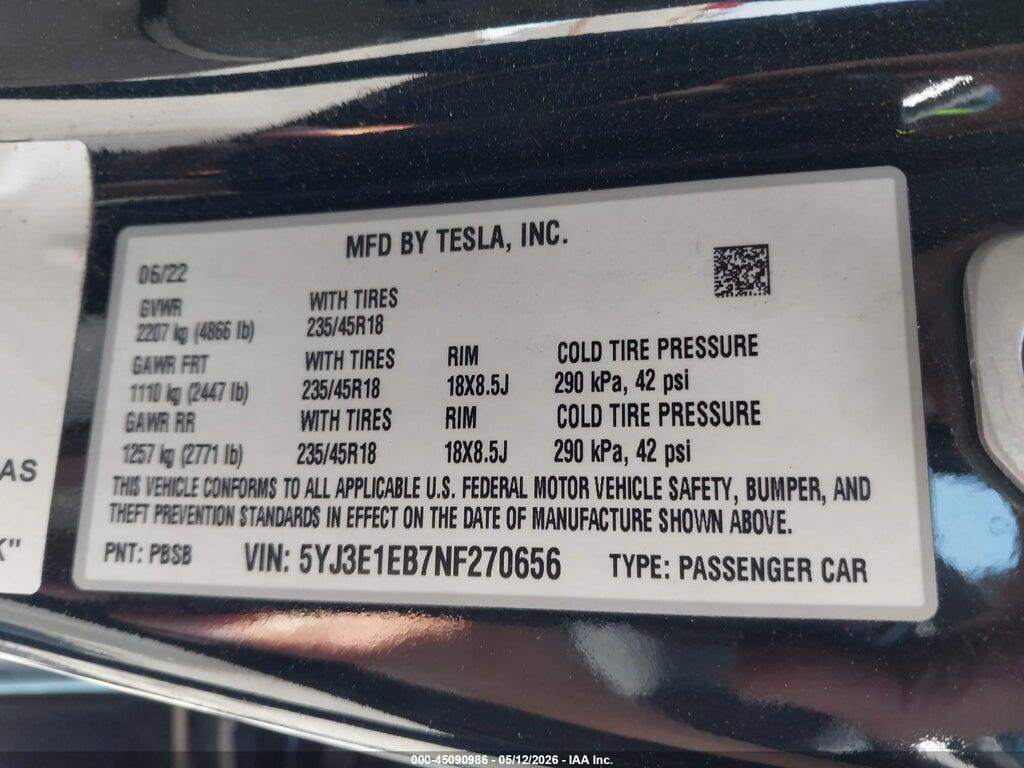 5YJ3E1EB7NF270656 2022 TESLA MODEL 3 photo no. 9
