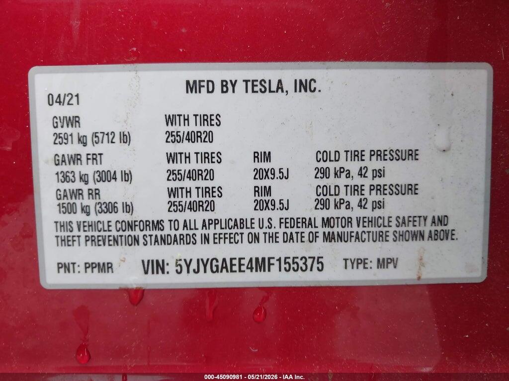 5YJYGAEE4MF155375 2021 TESLA MODEL Y photo no. 9