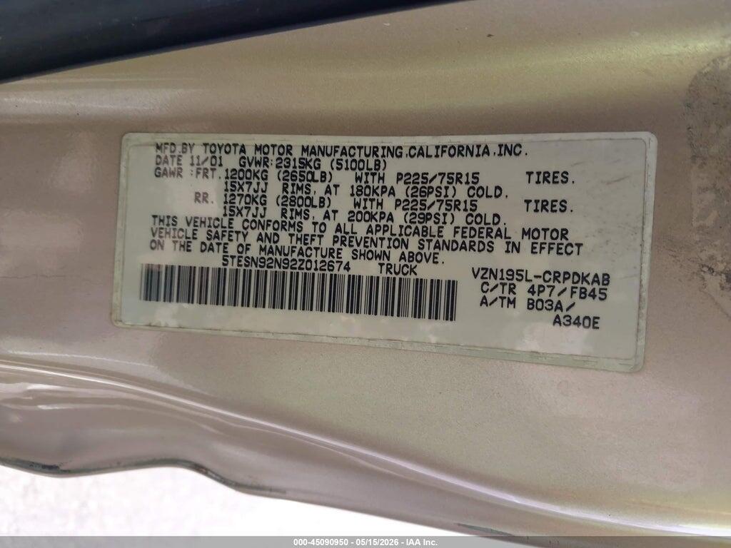 5TESN92N92Z012674 2002 TOYOTA TACOMA photo no. 9