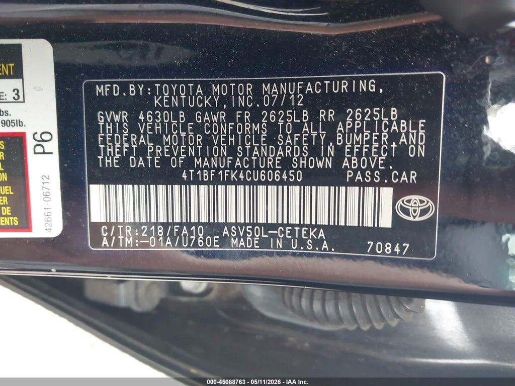 4T1BF1FK4CU606450 2012 TOYOTA CAMRY photo no. 9