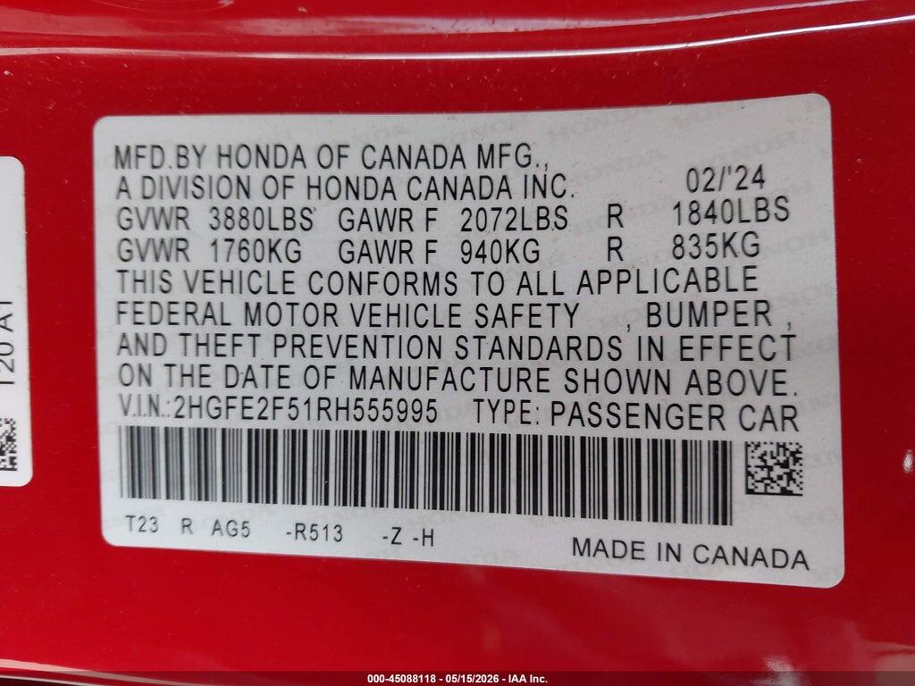 2HGFE2F51RH555995 2024 HONDA CIVIC photo no. 9