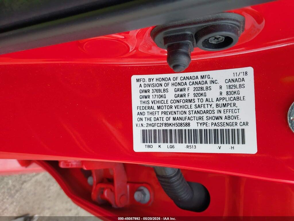 2HGFC2F89KH508588 2019 HONDA CIVIC photo no. 9