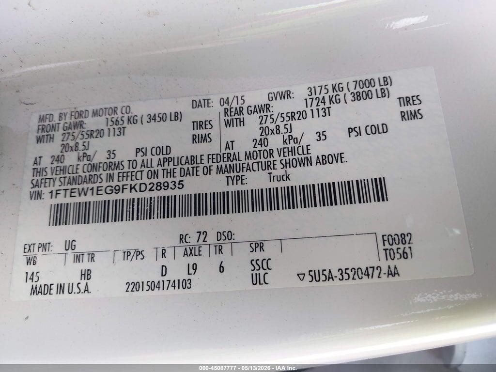 1FTEW1EG9FKD28935 2015 FORD F-150 photo no. 9