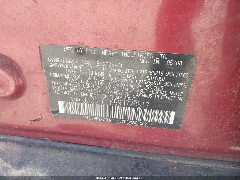 JF2SH61659H728517 2009 SUBARU FORESTER photo no. 9