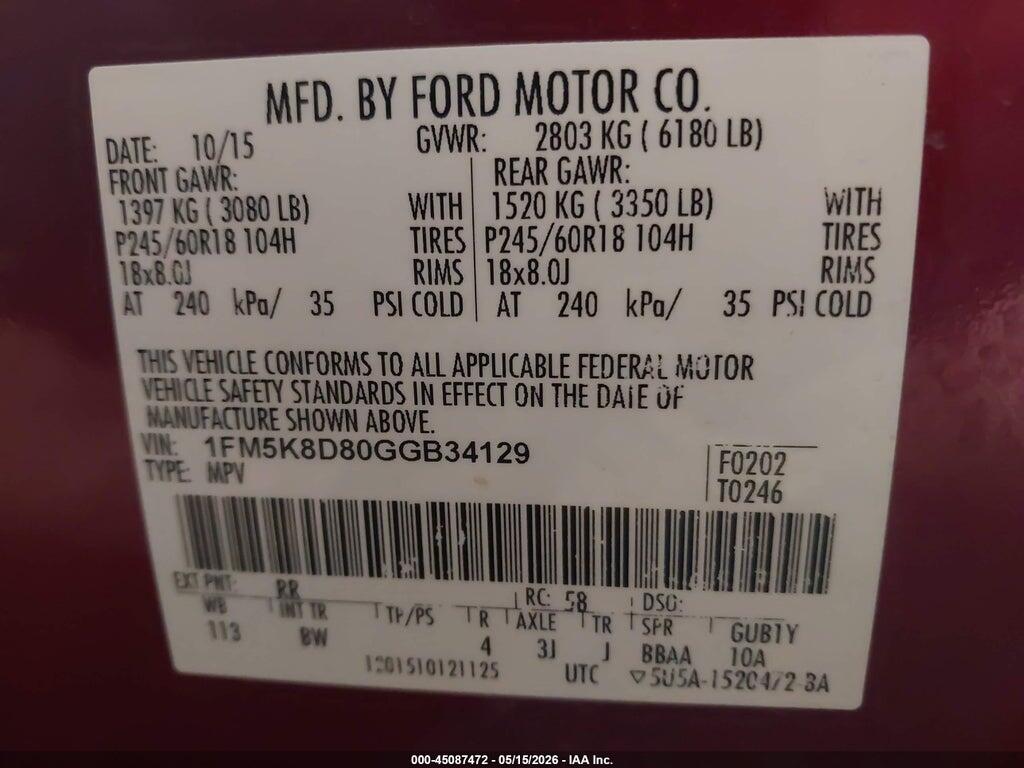 1FM5K8D80GGB34129 2016 FORD EXPLORER photo no. 9