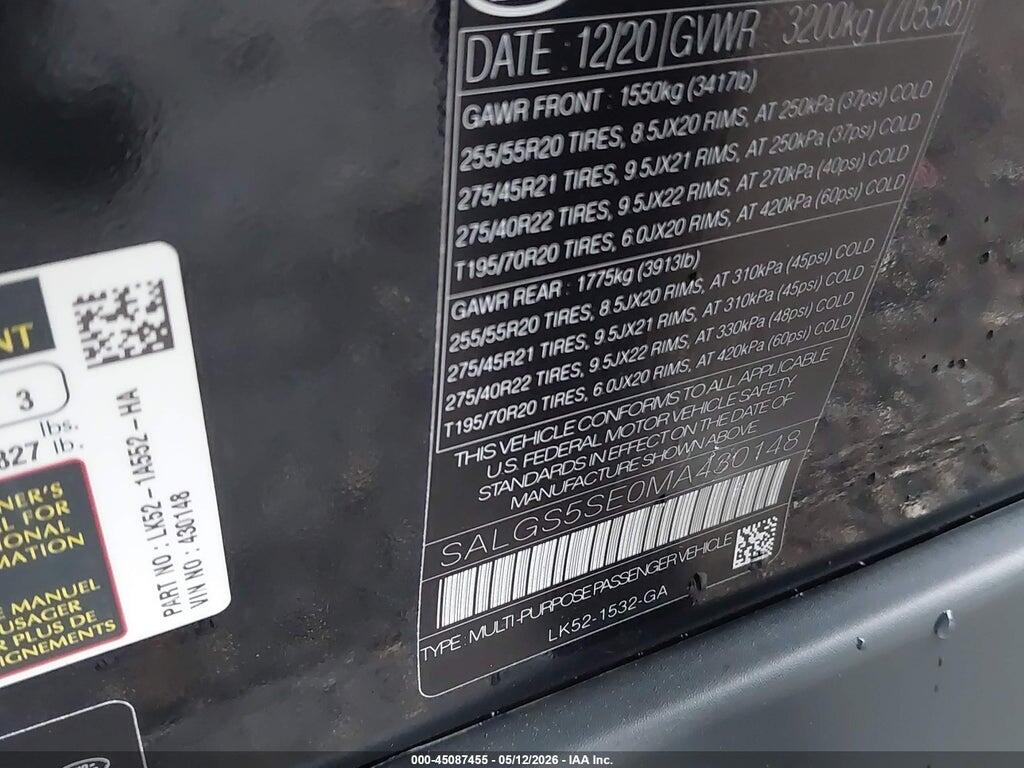 SALGS5SE0MA430148 2021 LAND ROVER RANGE ROVER photo no. 9