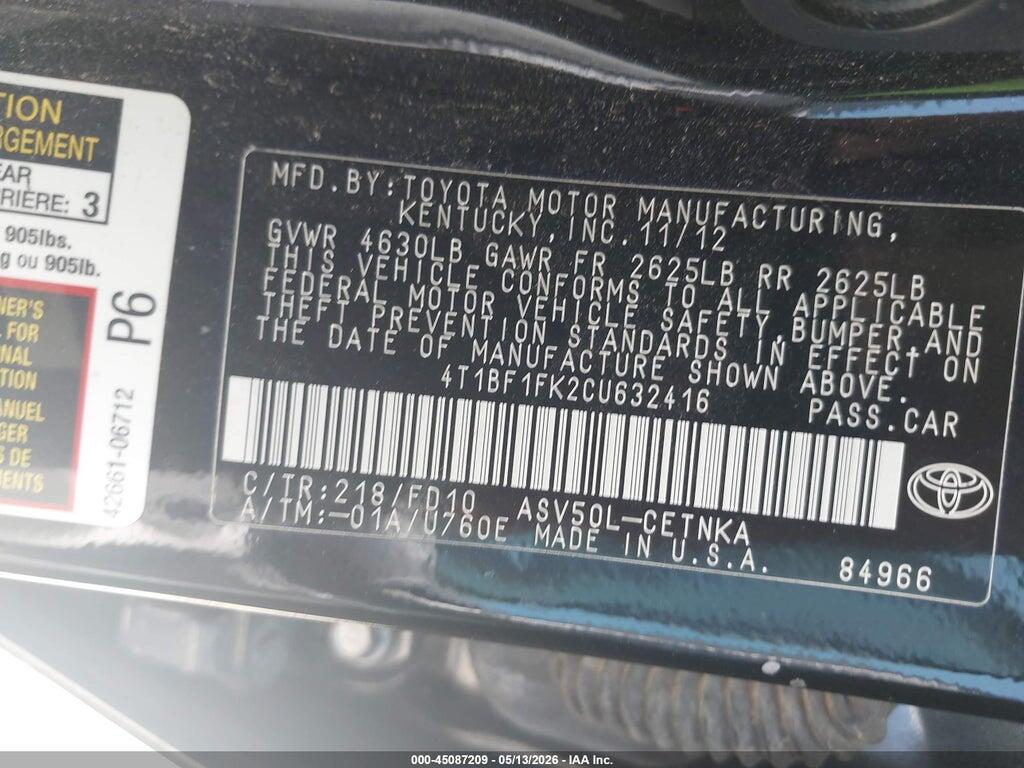 4T1BF1FK2CU632416 2012 TOYOTA CAMRY photo no. 9